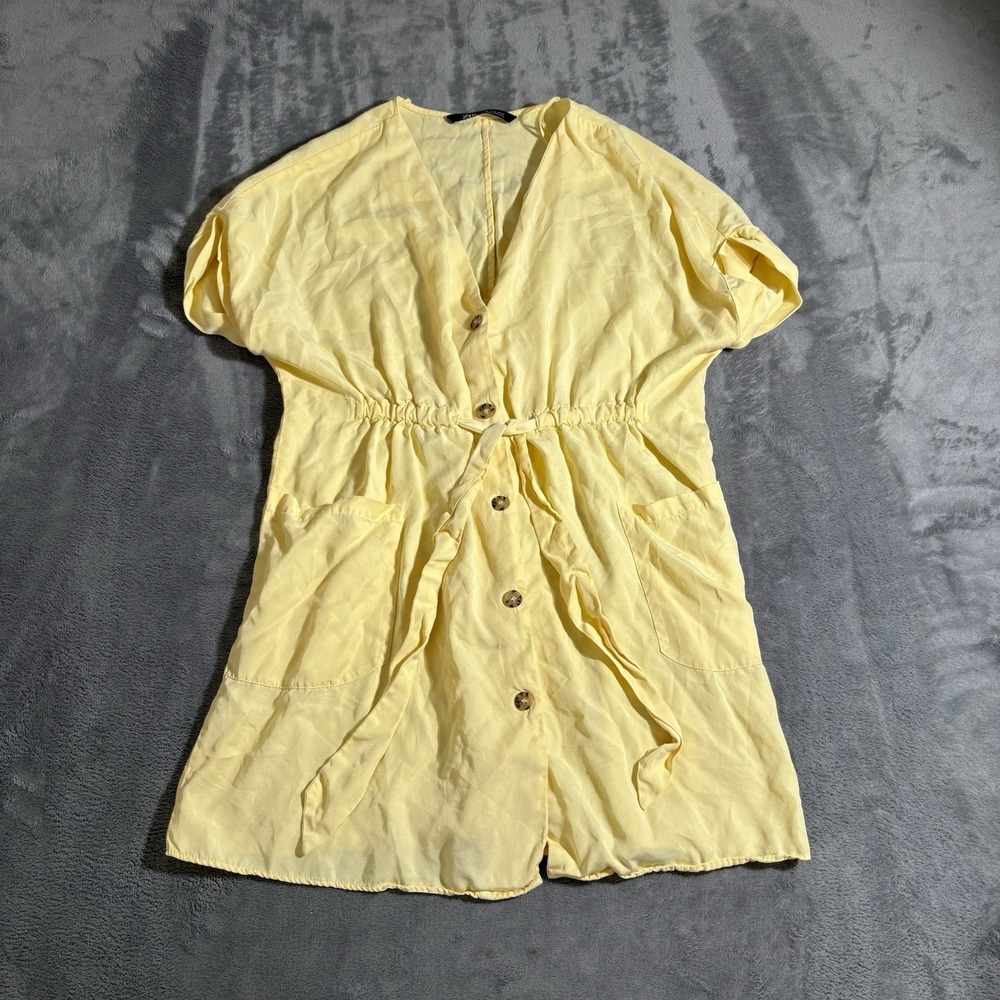 Zara Yellow Tie Front Dress XS Button Up Waist Tie Minimal Chic Clean Girl